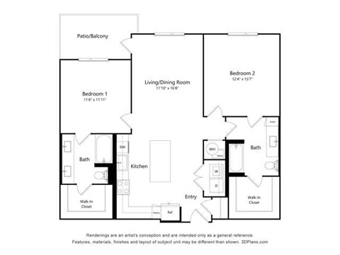Floor plan for 2 beds, 2 baths, 1168 sqft